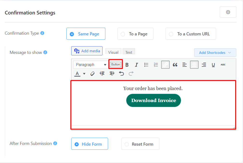 Display PDF invoice download button in confirmation message