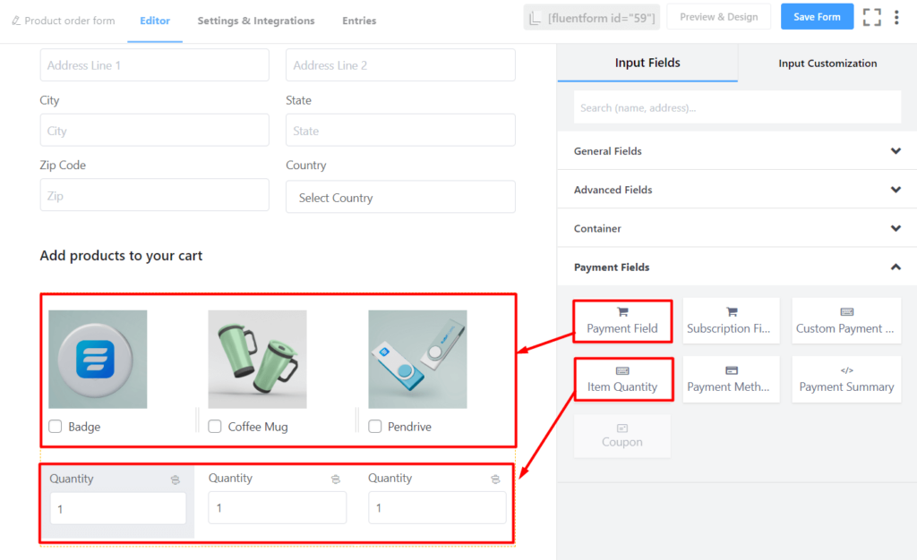 Payment Field and Item Quantity