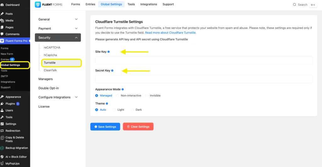 Fluent Forms Global Settings for Turnstile Integration