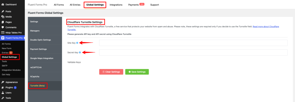 Fluent Forms Global Settings for Turnstile Integration