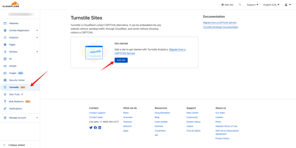 Add site in Turnstile