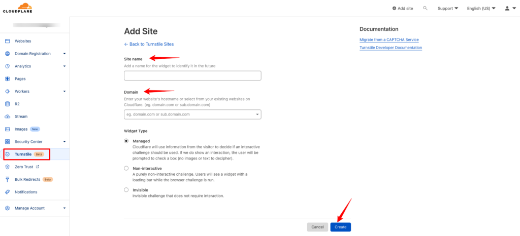 Site name and Domain in the Turnstile Dashboard