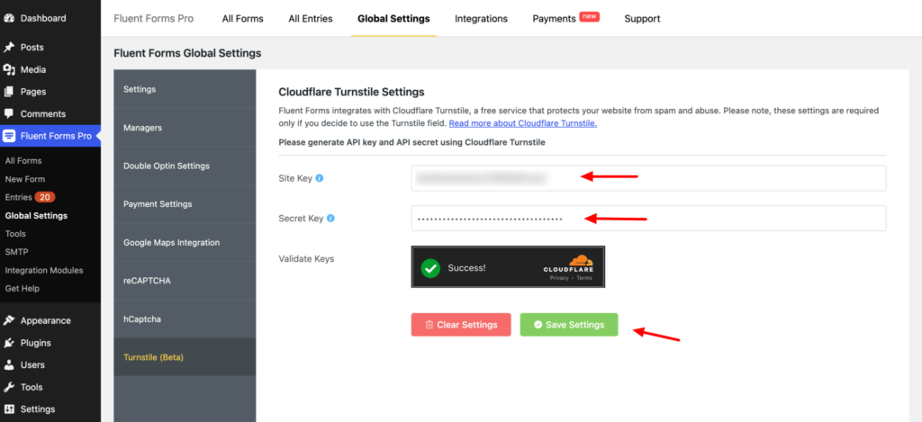 Pasting Site Key and Secret Key in the Fluent Forms Dashboard