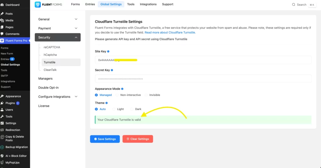 Pasting Site Key and Secret Key in the Fluent Forms Dashboard