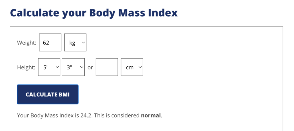 BMI calculator on Diabetes Canada website