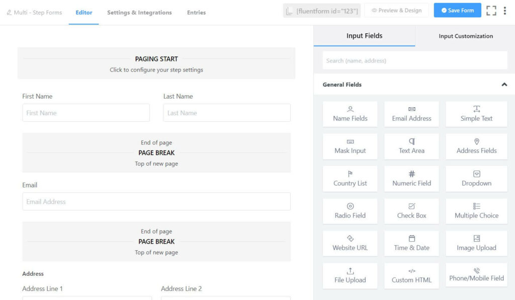 Fluent Forms form editor interface 