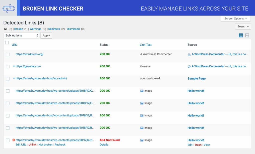 Broken Link Checker interface 