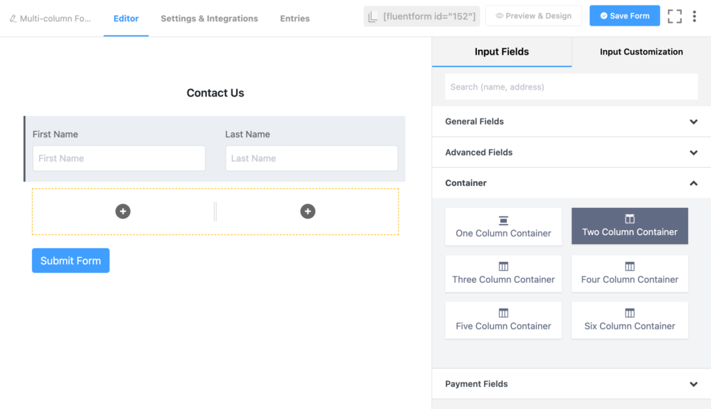 Adding multi-column container 