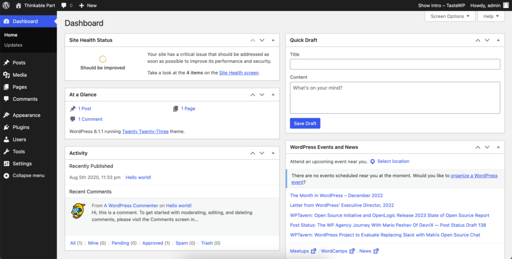 WordPress admin dashboard 