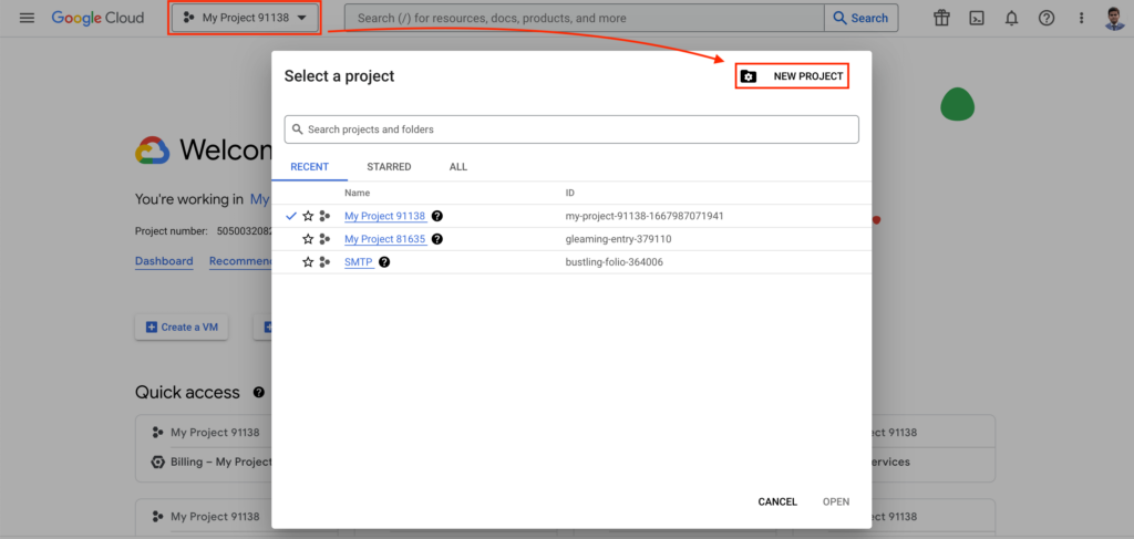 Create a new project in Google Cloud Console 