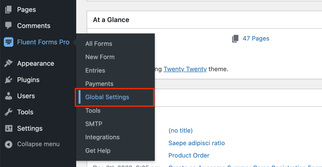 Navigating to the Global Settings of Fluent Forms 