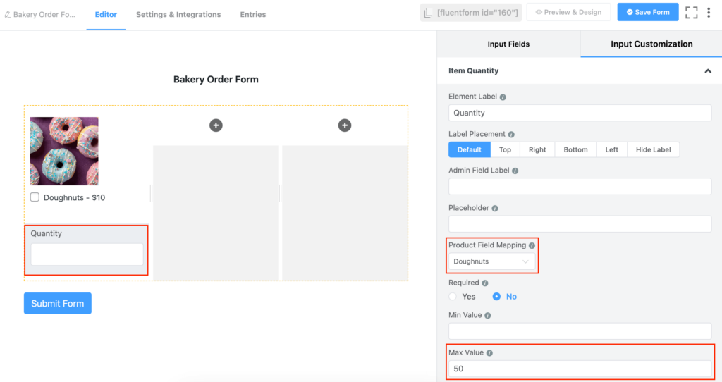 Customizing the item quantity field of the bakery order form 