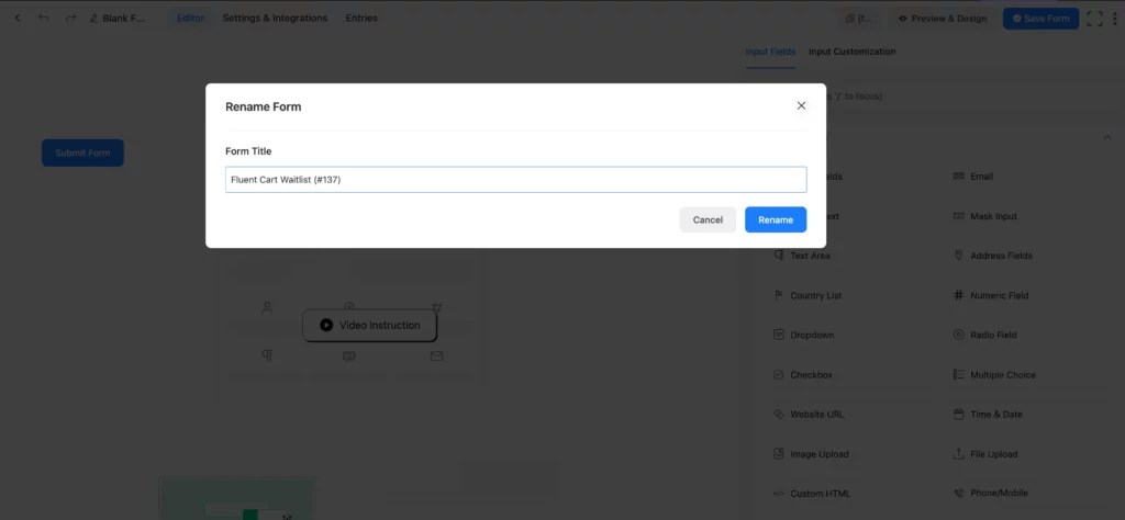form name, fluent form editor