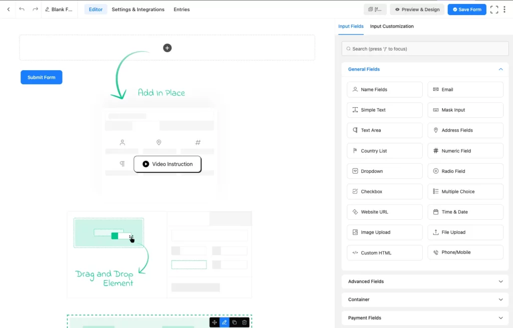 Form editor, input fields