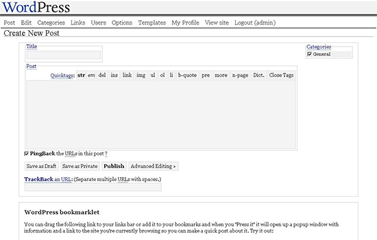 WordPress admin panel in 2004