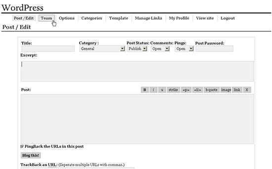 WordPress admin panel in 2003