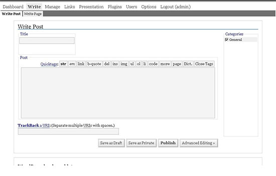 WordPress admin panel in 2005