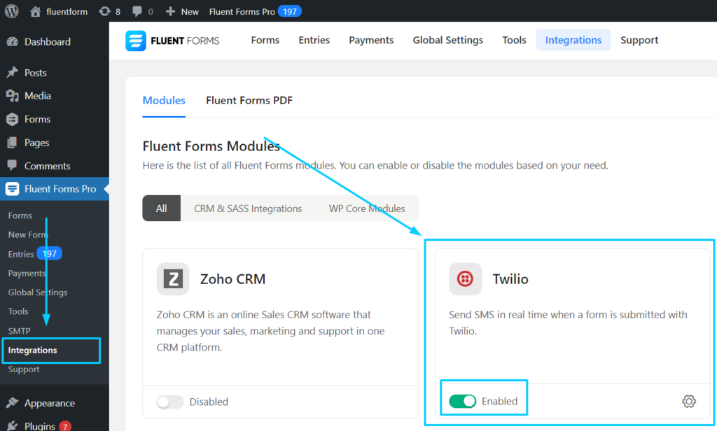 enabling fluent forms' gym forms SMS notification