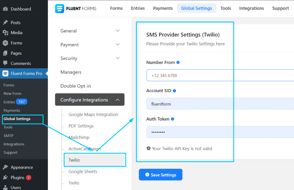 setting fluent forms' gym forms SMS notification