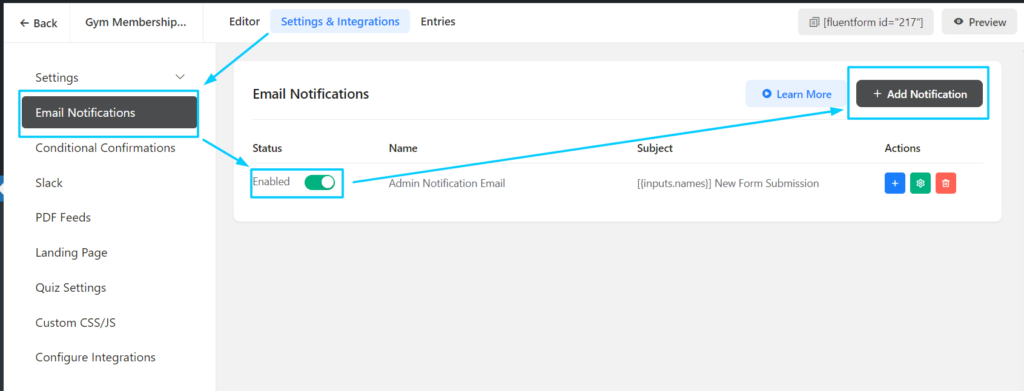 enabling email notification on Fluent forms