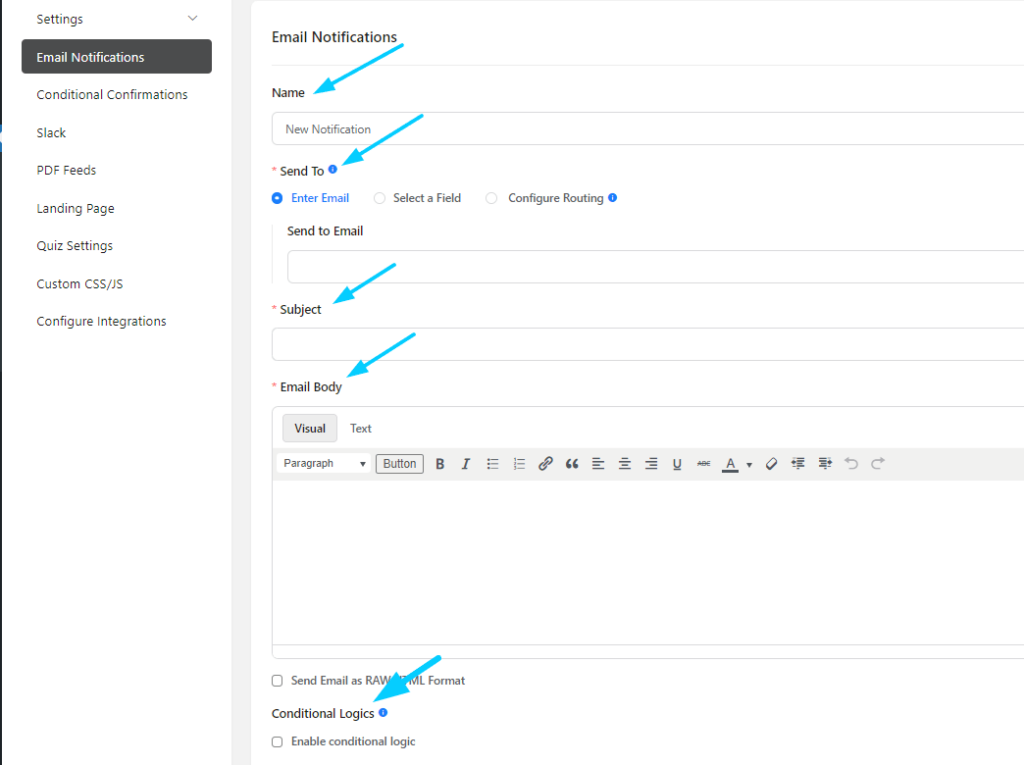 Setting up email notification on gym forms using fluent forms