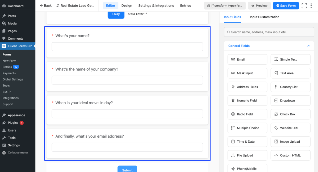 Adding input fields to conversational form