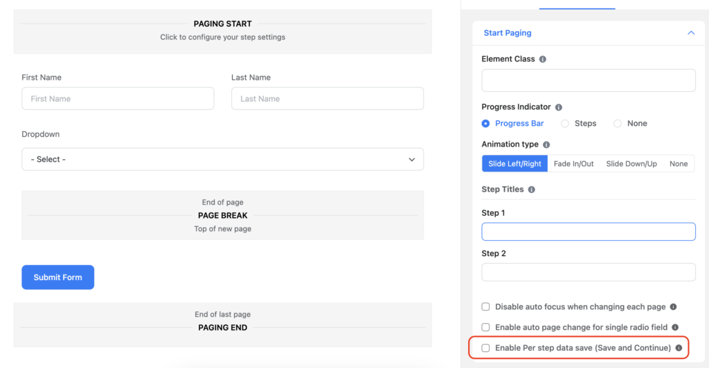 Partial entries, fluent forms, per step data save