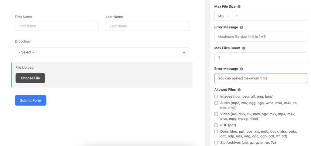 file and image upload field, fluent forms, wordpress