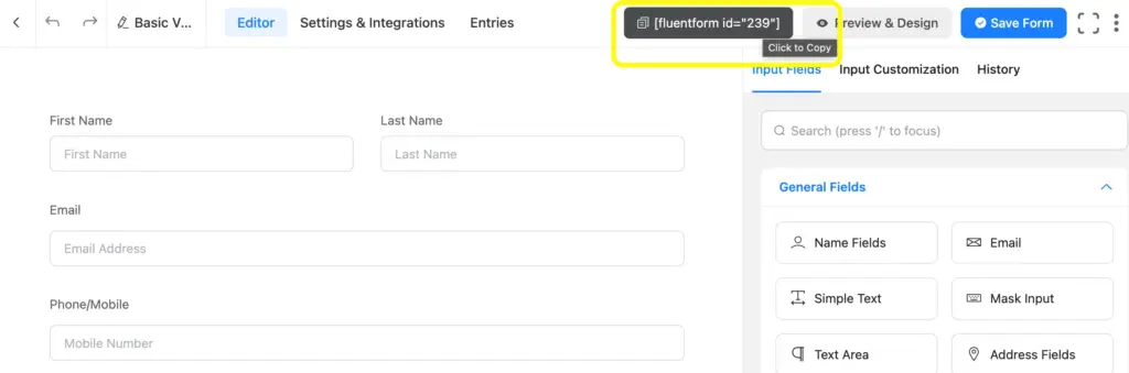 Shortcode copy from Fluent Forms editor page: volunteer application form on WordPress.
