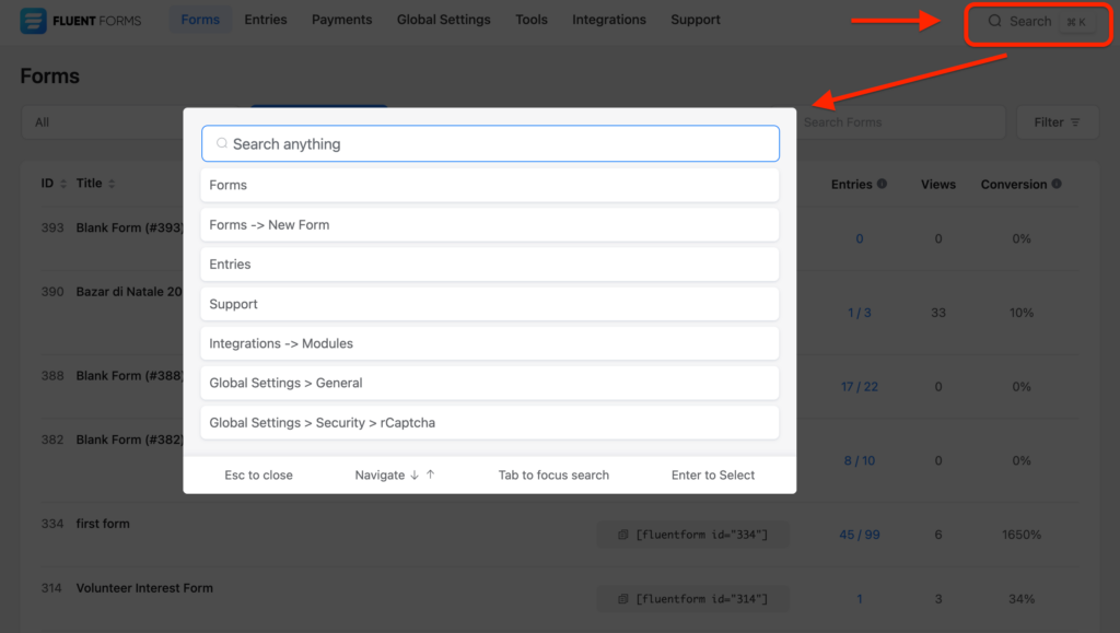 global search fluent forms dashboard