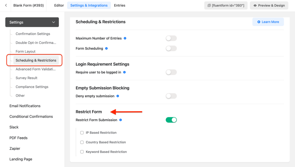 form submission restriction fluent forms