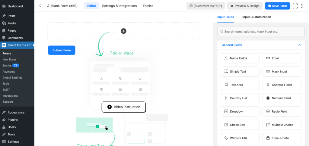 Form editor interface of Fluent Forms