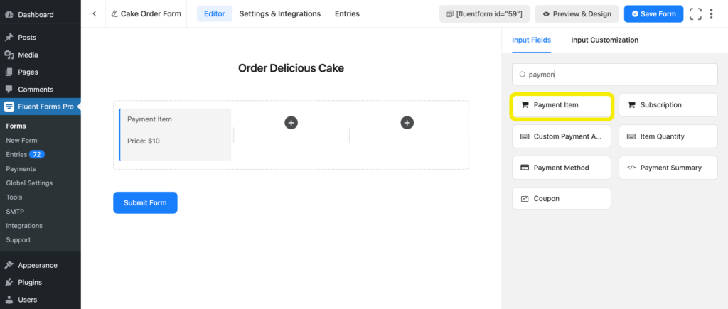 Payment field of Fluent Forms