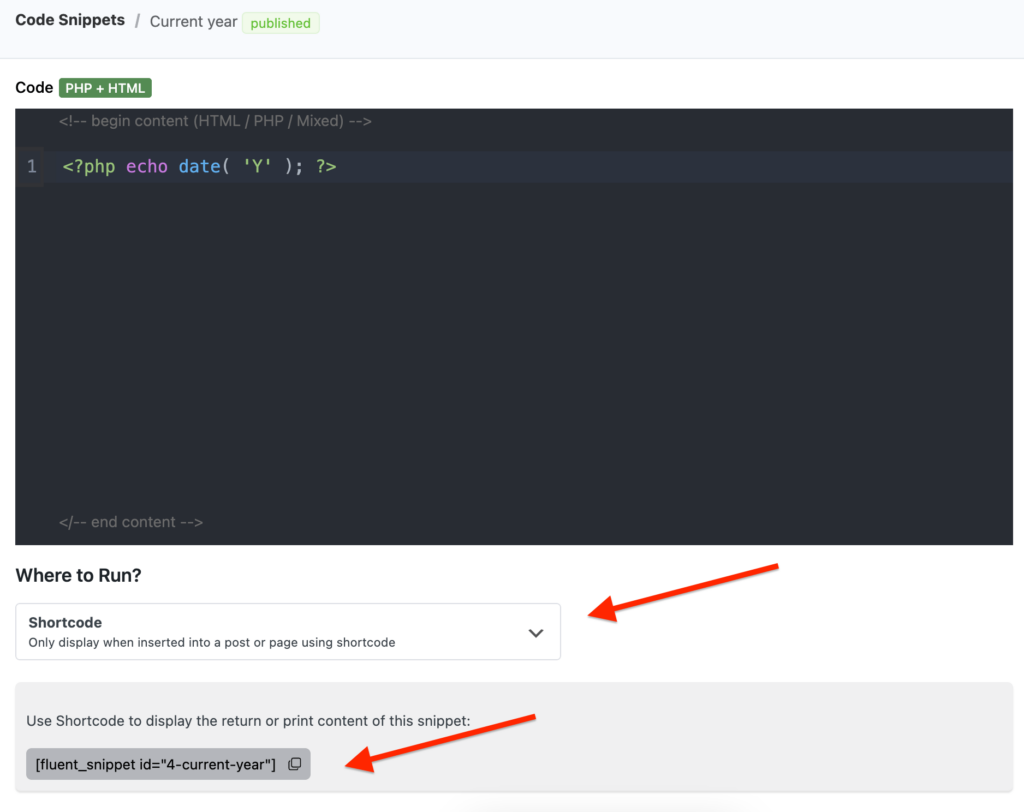 custom shortcode for code snippets - fluentsnippets