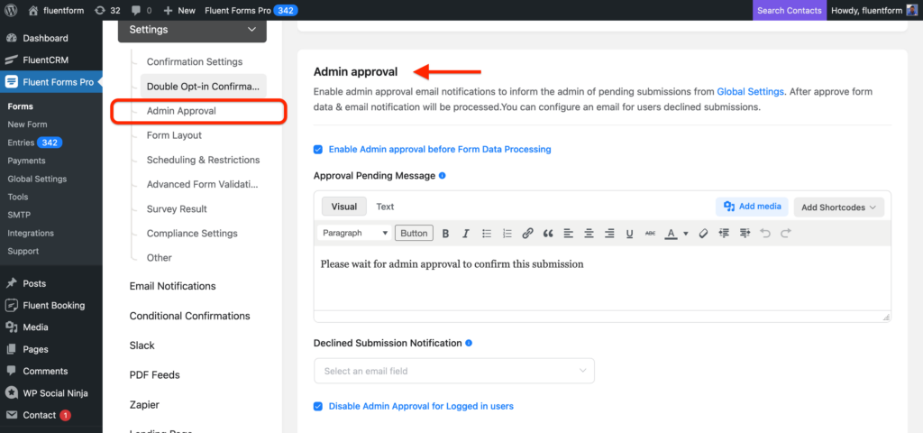 admin approval feature fluent forms 5.1.7