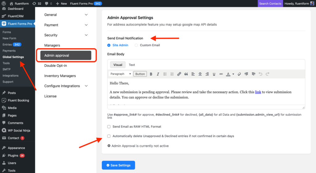 admin approval feature fluent forms 5.1.7
