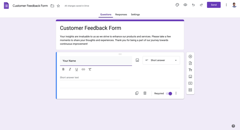 Adding questions in Google Forms