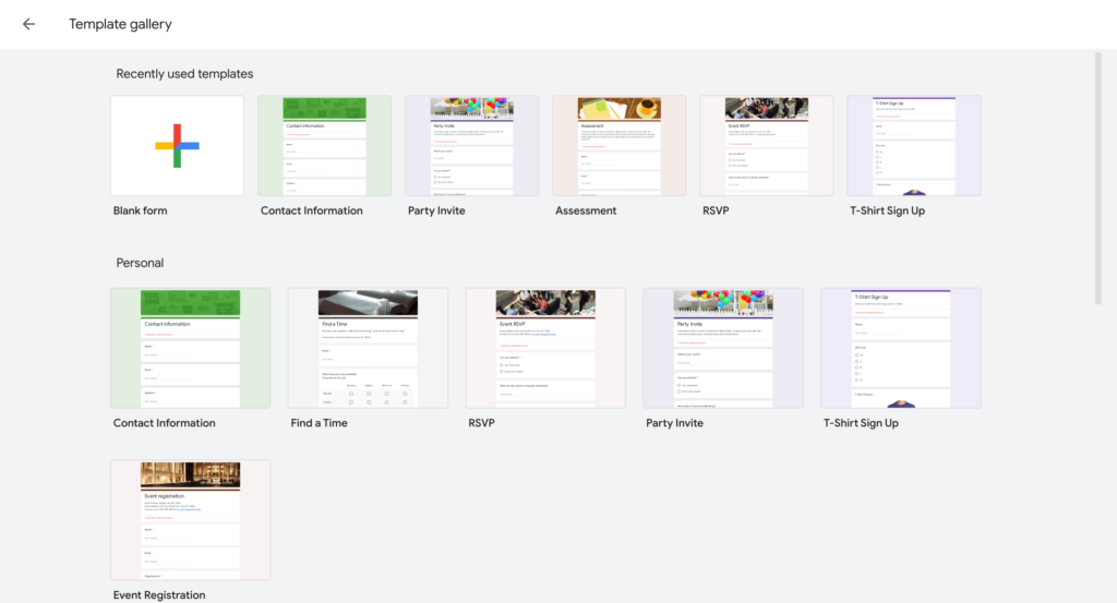 Template gallery of Google Forms