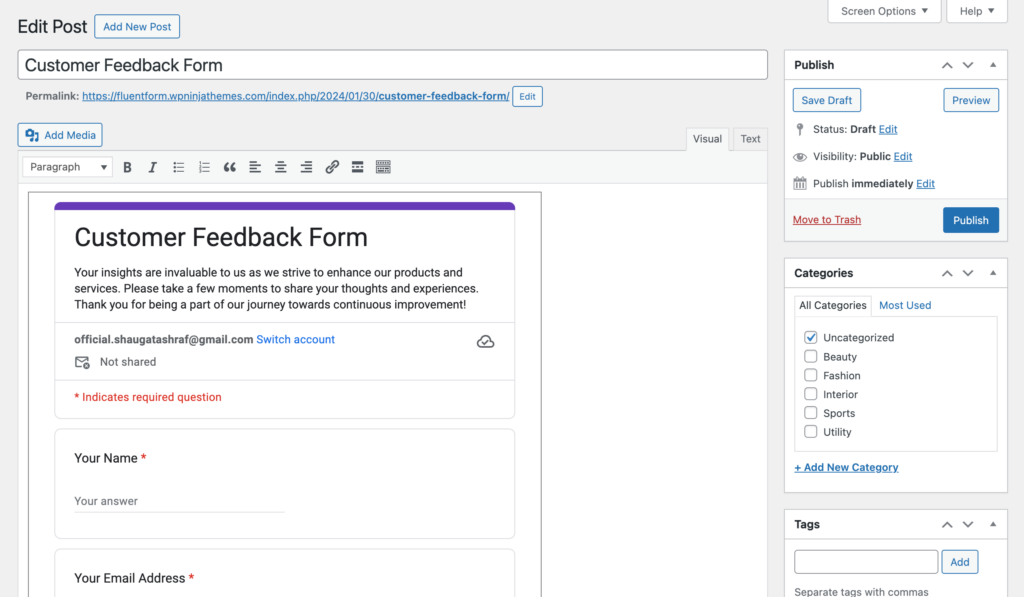 Previewing embeded Google Form on classic editor