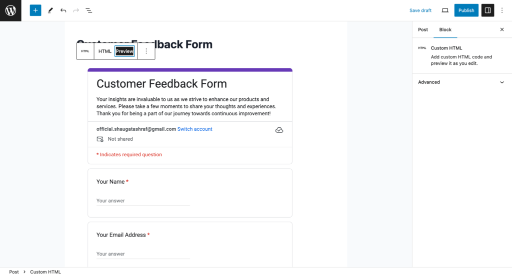 Previewing embedded Google Forms