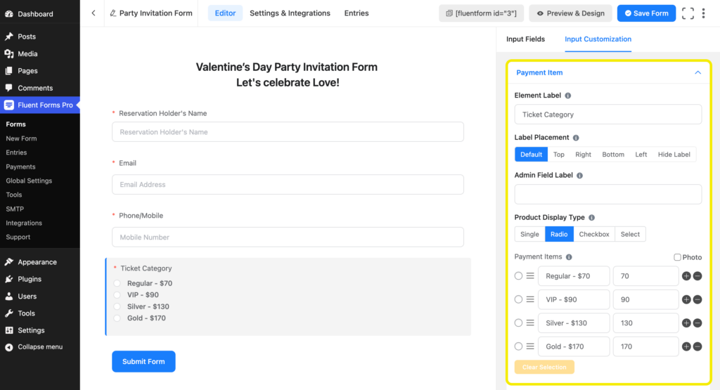 Input customization options for Payment Item