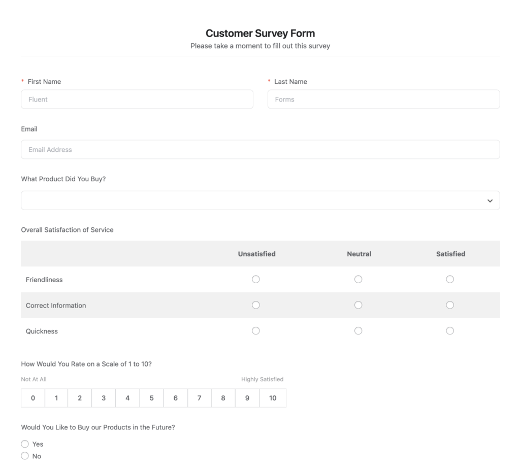 Customer satisfaction measurement form
