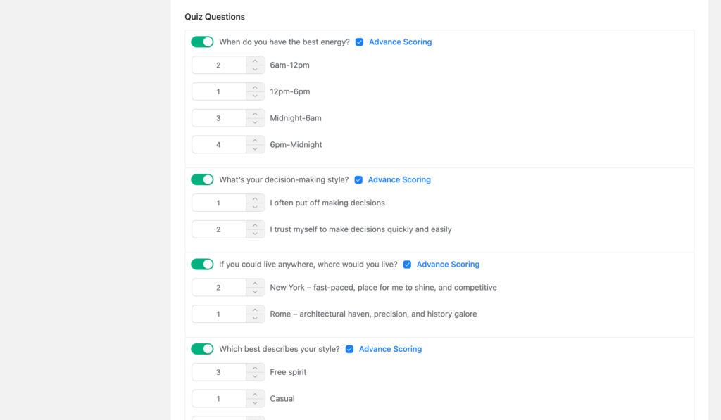 Assigning scores to questions