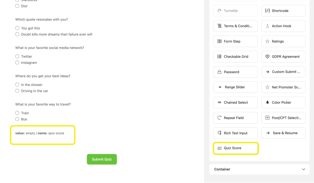 Adding Quiz Score field