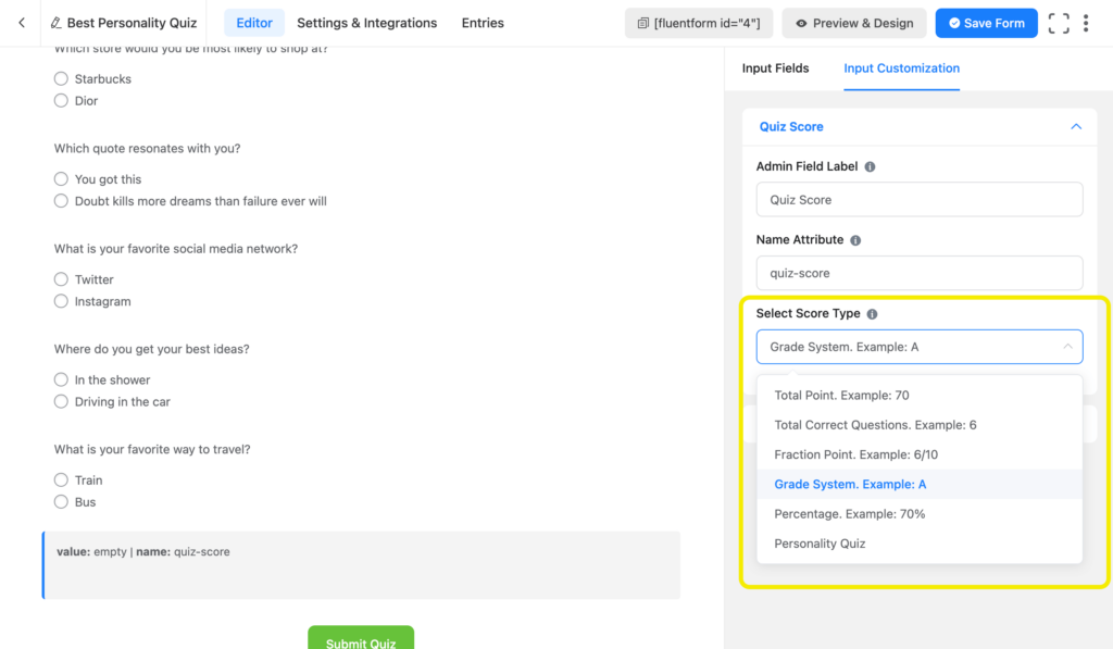 Customizing Quiz Score field