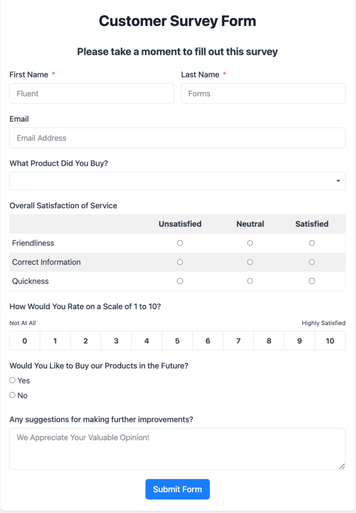 Customer survey feedback form questions demo
