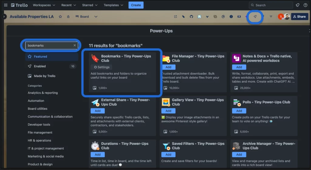 Linking Trello boards with bookmarks step 1