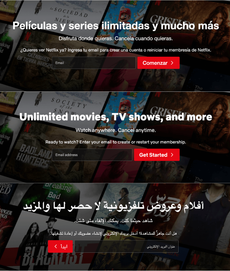 Netflix multilingual website example