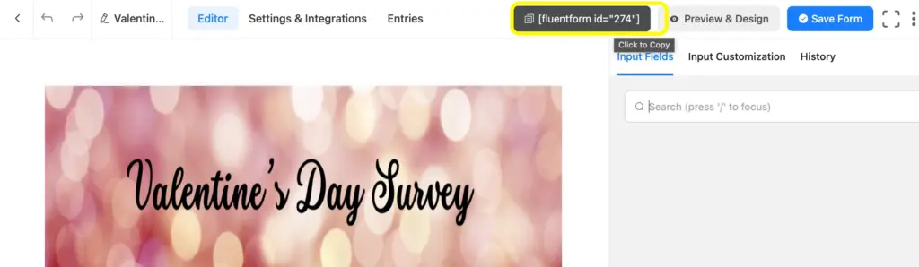 Copy the shortcode from the top of the editor page of Fluent Forms, and paste it to any page of your WordPress site.