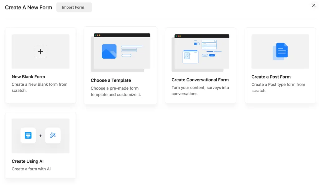 Create a new form with Fluent Forms on WordPress: New blank form, choose a template, create conversational form, create a post form, or create using AI